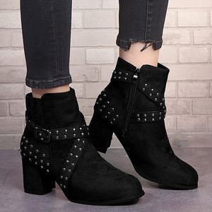 Boots Winter Women Ankle Cross Tie Rivet Flock Buckle Pointed Toe Zip Solid Rubber Sole Fashion Casual Shoes Female Ladies