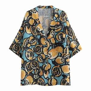 Summer Women Fruit Printing Loose Blouse Female Tailored Collar Short Sleeve Shirt Casual Lady Tops Blusas S8873 210430