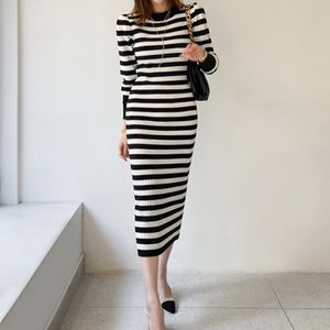 Casual Dresses Woman Clothing Korean Thick 2021 Elegant A-Line Winter Sweater Dress Women Knitted Warm Striped Vestido Midi