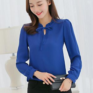Korean Elegant Long Sleeve Shirt Summer Blue Bow Collar Loose Women Tops Office Ladies Clothes White Black Chiffon Blouse Femme 210507
