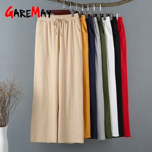 Casual Cotton Linen Pants Women Spring Summer Loose Capri Wide Leg Khaki Elastic Waist Solid Basic Trousers for 210428