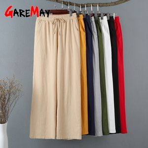 Casual Baumwolle Leinen Hosen Frauen Frühling Sommer Lose Capri Breite Bein Khaki Elastische Taille Solide Grund Hosen für 210428