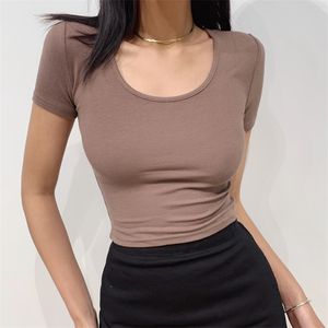 Kobiety Scoop Neck Slim Fit Ribbed T-shirt Krótkie rękawy Crop Top 210623