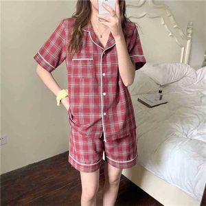 Verão retro xadrez doce pijama curto nightwear macio feminino sleepwear mulheres casa chique solto vintage conjuntos 210525