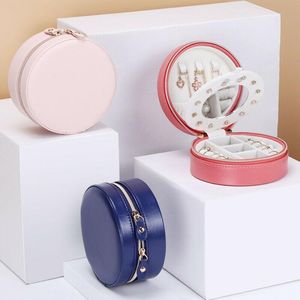 Portable Round Jewelry Box Travel Zipper PU Leather Jewellery Packaging Display Organizer Gift Earring Storage Case Cosmetic Bags & Cases