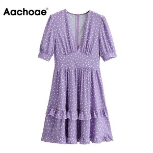 Polka Dot Print Elegante Sommer V-ausschnitt Casual Mini Kurzarm Strand Rüschen Kleid Vestido De Mulher 210413