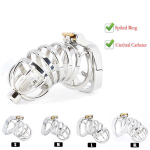 Best CBT Male Chastity Belt Device Stainless Steel Cock Cage Penis Ring Lock with Urethral Catheter Spiked Ring Sex Toys For Men S0825