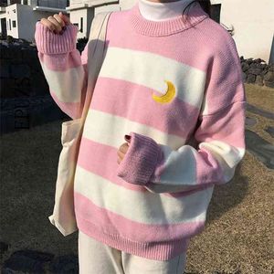 Kawaii Kvinnors Tröjor Godis Färg Stripes Moon Broderi Sweater Söt Rosa Kntted Tröja Kvinnor Vinter Kläder 210521