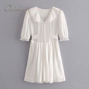 Summer Women White Party Mini Lace Crochet Single Breasted Belted Sweet Elegant Short Holiday Beach Dress 210415