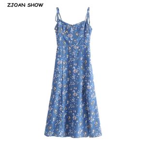 Fransk sommarblå blommigryck bandage spaghetti rem midi klänning retro sexiga kvinnor snurra upp sling slits klänningar vestido 210429