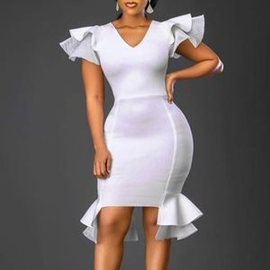 Women White Dress Bodycon Skinny Party V Neck Ruffle Sleeve Slim Plus Size XL Birthday Elegant Ladies Night Mini Sexy Club Wear 210416