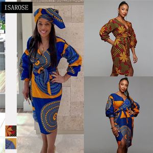 ISAROSE African Dashiki Dress V Neck Belted Slit Rich Print Bazin High Waistline Plus Size Office Lady Women Daily Clothing 210422