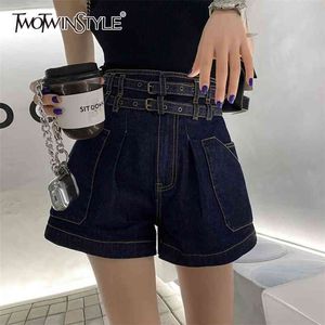 Vintage Blue Denim Kort för Kvinnor Hög Midja Sashes Slim Casual Loose Shorts Kvinnor Koreansk Sommar Mode Kläder 210521