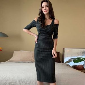 Korea OL Kleid für Frauen Schwarz Streifen Halbarm V-Ausschnitt Leinen Sexy Sommerkleid Damen Sling Büro Midi Bodycon Kleider 210602