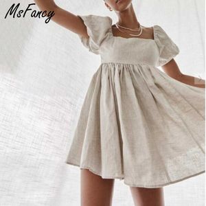 Msfancy Summer Cotton Mini Dress Women Square Collar Puff Sleeve Vestido De Mujer Boho Casual Robes 210604