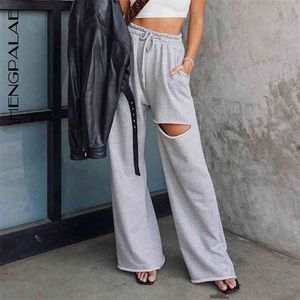 Primavera vintage patchwork corredores sweatpants harajuku mulher calças elásticos cintura alta furo calças za3989 210427