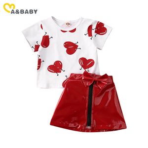 6m-5y Dia dos namorados menina roupa criança criança crianças conjunto de coração cópia camisetas PU couro saias verão trajes 210515