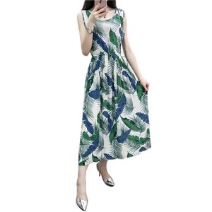Летнее платье Женщины зеленый 11 Цветов Мода без рукавов Стройная корейская повседневная черная печать хлопок жилет платья Vestidos LR838 210531