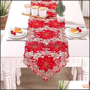 Masa koşucusu kumaşlar ev tekstil bahçe çift kalınlık kırmızı rustik kesim işlemeli çiçek koşucuları Noel dekorasyonları yüksek kalite