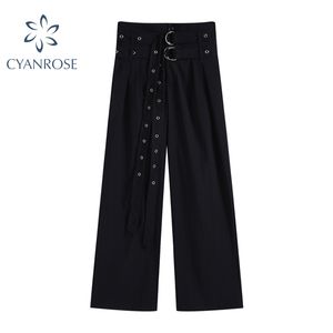 Çift Kemer Yüksek Bel Siyah Gevşek Pantolon Kadın Moda Rahat Ofis Bayanlar Geniş Bacak Pantolon Mujer Kore Streetwear Pantolon 210417