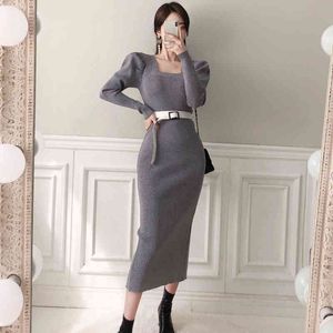 Winter Slim Temperament Long Skirt Knit Square Neck Bag Hip Split Sweater Dress 210514