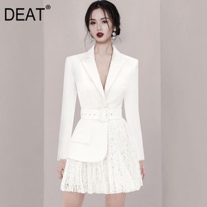 Kadınlar Beyaz Patchwork Dantel Kemer Cepler Elbise Turn-down Yaka Uzun Kollu Slim Fit Moda Gelgit Yaz 7E0161 210421