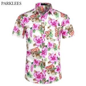 Sommar Hawaiian Strandskjorta Män Tropisk Rosa Blommig Strandskjorta Mens Kortärmad Semesterkläder Chemise Homme 2XL 210522