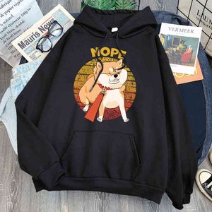 Kawaii Shiba Inu Nope Cute Dog Print Hoodies Man'S Fleece Cartoons Sweatshirts Pocket Anime Hoody Hip Hop Vintage Men Streetwear H1227