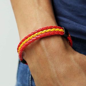 Wholesale yellow bracelets beads resale online - Mens Womens Man made Leather Bracelet Red Yellow Spain Flag Strand Rope Braided Surfer Black Buckle LLB664 Beaded Strands