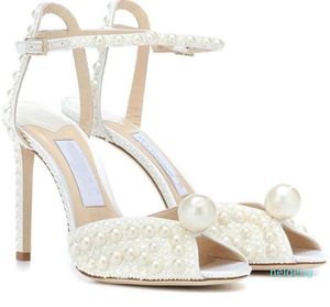 2022-Marken Sacora Sandalen Schuhe für Bidal Hochzeit High Heels Weiße Perlen Leder Knöchelriemen Peep Toe Elegante Dame Pumps EU35-43