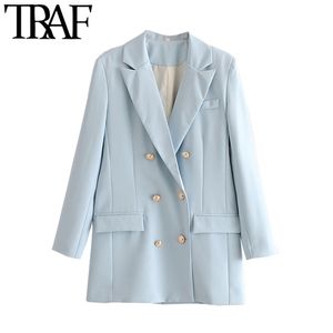 TRAF Kadınlar Moda Ofis Kıyafeti Kruvaze Blazer Ceket Vintage Uzun Kollu Sırt Genginler Kadın Giyim Şık 210930 Tops