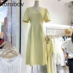 コロバフ春の夏の新しい女性のドレスビンテージ半袖Vネックドレス韓国のハイウエストスリムヴェスディド210430