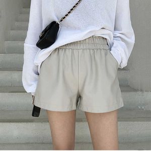 Khaki PU Skórzane Szorty Kobiety Wysokiej Jakości Szerokiej Noga Faux Waist Dla Jesień Loose 210611