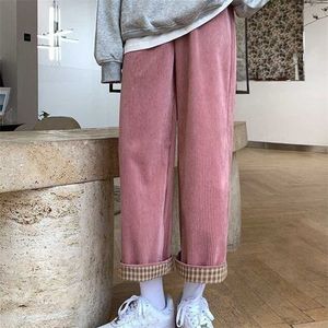 Lucyever Pantaloni a gamba larga in velluto a coste rosa Donna Autunno Inverno Caldo Peluche Donna Pantaloni larghi coreani a vita alta Donna 211115