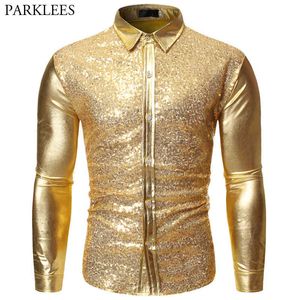 Shiny Gold Cekiny Męskie Koszula Metallic Glitter Mens Party Dance DJ Koszulki Stylowa Klub Night Club Z Długim Rękawem Koszula Mężczyźni Camisas Hombre 210524