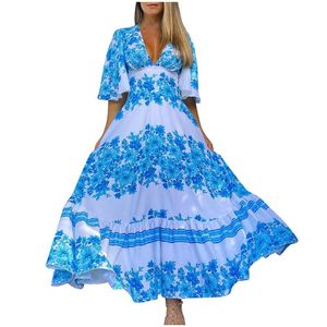 Flowy Dresses achat en gros de Robe décontractée Boho Big Swing Robe florale Bleu Imprimé V Col V Col à moitié manches longues maxi élégant taille taille à volants fluides coulant