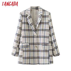 Women Vintage Plaid Woolen Blazer Female Long Sleeve Elegant Jacket Ladies Warm Thick Suits DA120 210416