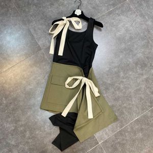 FABPOP Summer Design High Waist Sleeveless Bow Lace Up Black Army Green Patchwork Short Irregular Dress Women GB226 210709