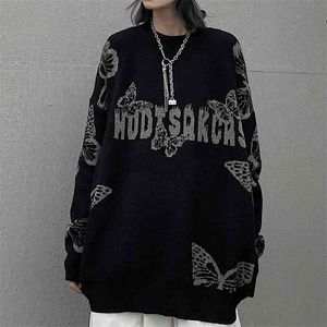 Harajuku Gothic Butterfly Jacquard Oversized Sweater Black O Neck Knitted for Women and Man Loose Streetwear 210922