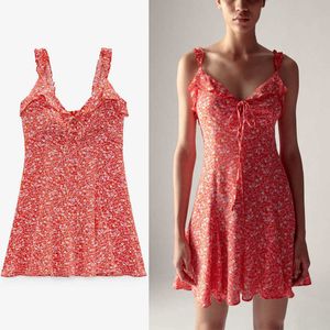 Yaz Çiçek Baskı Mini ZA Elbiseler Kadın Kolsuz Fırfır Sapanlar Backless Sundress Kadın Plaj Elbise Seksi Kırmızı Elbise 210602