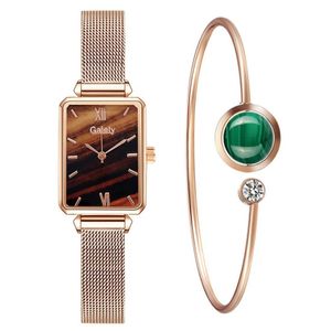 Damskie zegarki Moda Plac Damska Zegarek Kwarcowy Zestaw Bransoletka Prosta Green Dial Róża Gold Mesh Luksus