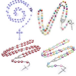 4 Styles Rosary Necklace Heart Shape Cross Pendant Religious Fashion Accessories Jewelry Gift For Girlfriend