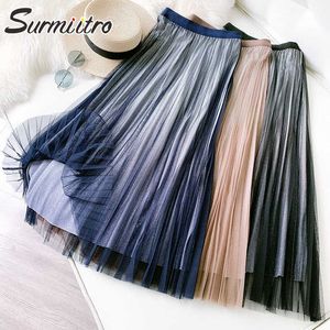 Surmitro Wiosna Lato Koreański Styl 3 Warstwy Kobiety Shiny Gradient Mesh Wysoka Talia Midi Long Tulle Plised Spódnica Kobieta 210712