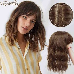 Vigorous Mix Brown Synthetic Hairpieces with Bangs Clip in Hair Pieces Water Wavy Hair for Women Thinning Hair Heat Resistant 220208