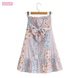 Women Vintage One Word Neck Small Fresh Sexy Halter with Wooden Ears Dress Bowknot Decoration Stitching Chic Female Mini Dresses 210507