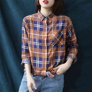 Spring Summer Arts Style Women Long Sleeve Loose Shirts Cotton Linen Plaid Turn-down Collar Casual Blouses Plus Size S824 210512