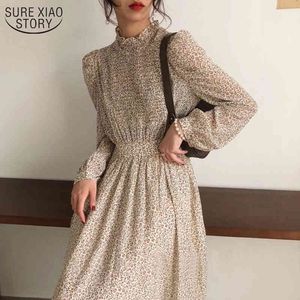 Vintage Stand-Collar Ruched Sleeve A-line Dress Women Autumn Vestidos Femme Floral Printed Elastic Waist Female 11453 210508