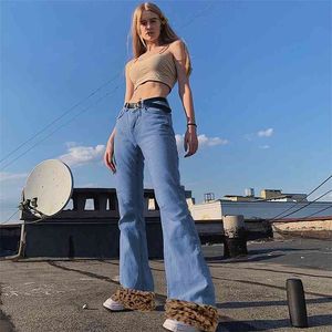 Patchwork Leopard Fur Y2k Blue Flared Jeans For Girls Female Women's Fashion Denim Pants Woman High Waisted Trouser 210510