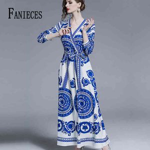 FANIECES Runway Vestidos robe femme Women Flower Print Spring Autumn fashion Blue A-Line Dresses Elegant Long Sleeve Maxi Dress 210520