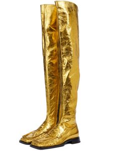 Sheepskin 2021 Cowskin Flat Mona Heel Knight Square Toes Combat Boots Long Rain Short Plush Catwalk Thigh High 부츠 주름 신발 크기 34-44 Over-the-Mnee 5